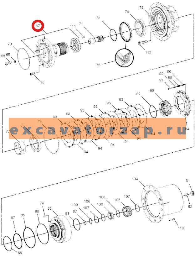 Ступица ZGAQ-02197 (в сборе с гайкой) заднего моста экскаватора HYUNDAI R160W9A, R170W7, R170W7A, R170W9, R170W9S, R180W9A, R180W9S
