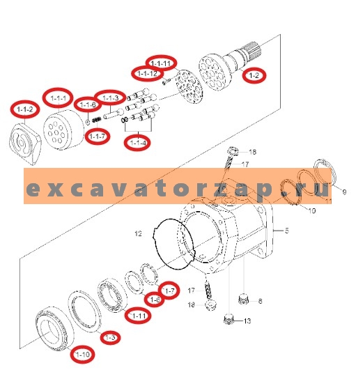 Группа роторная R909603784 (оригинал, HYUNDAI) (качающий узел + поршня + вал + шайба + подшипники) гидромотора КПП (хода) экскаватора HYUNDAI HW210, R200W7, R200W7A, R210W-9, R210W9A, R210W9AMH, R210W9MH, R210W9S
